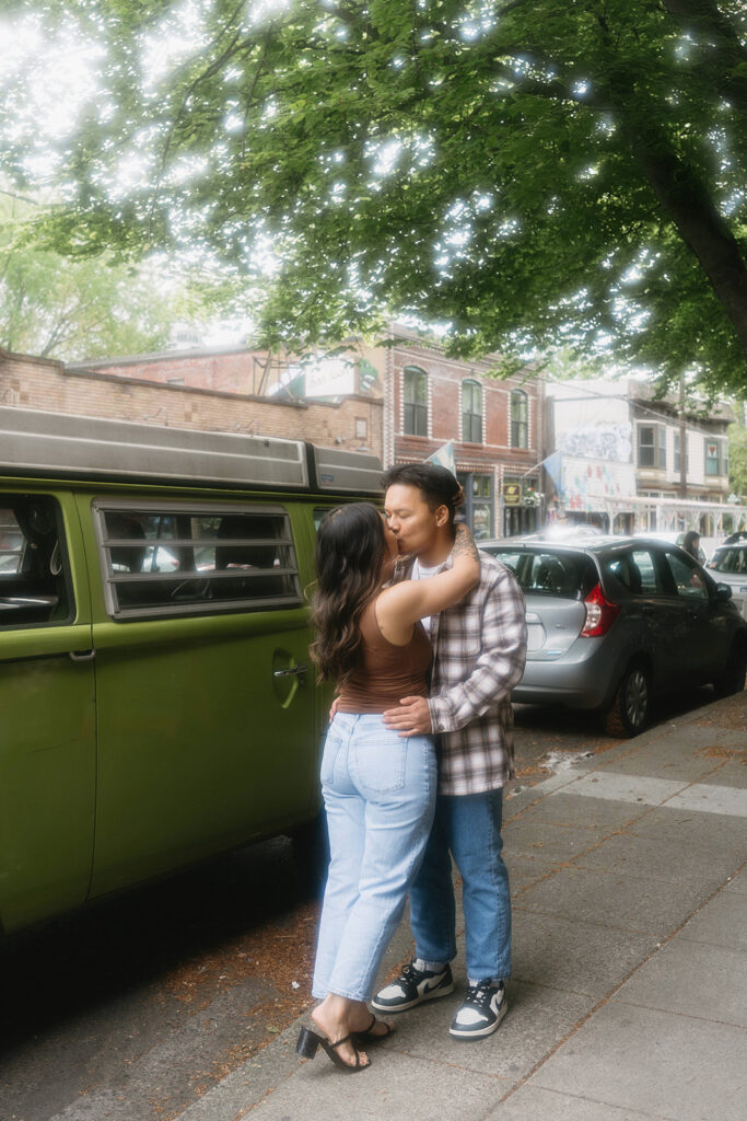A candid moment captured during a casual engagement photo session.
