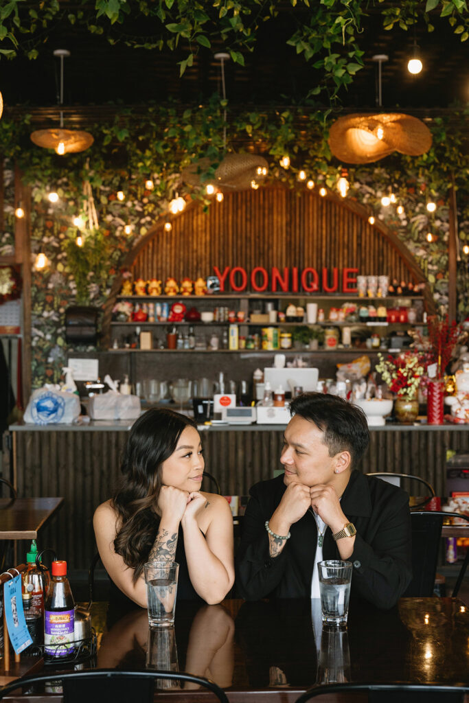 A couple enjoying a relaxed and natural photoshoot in portland.
