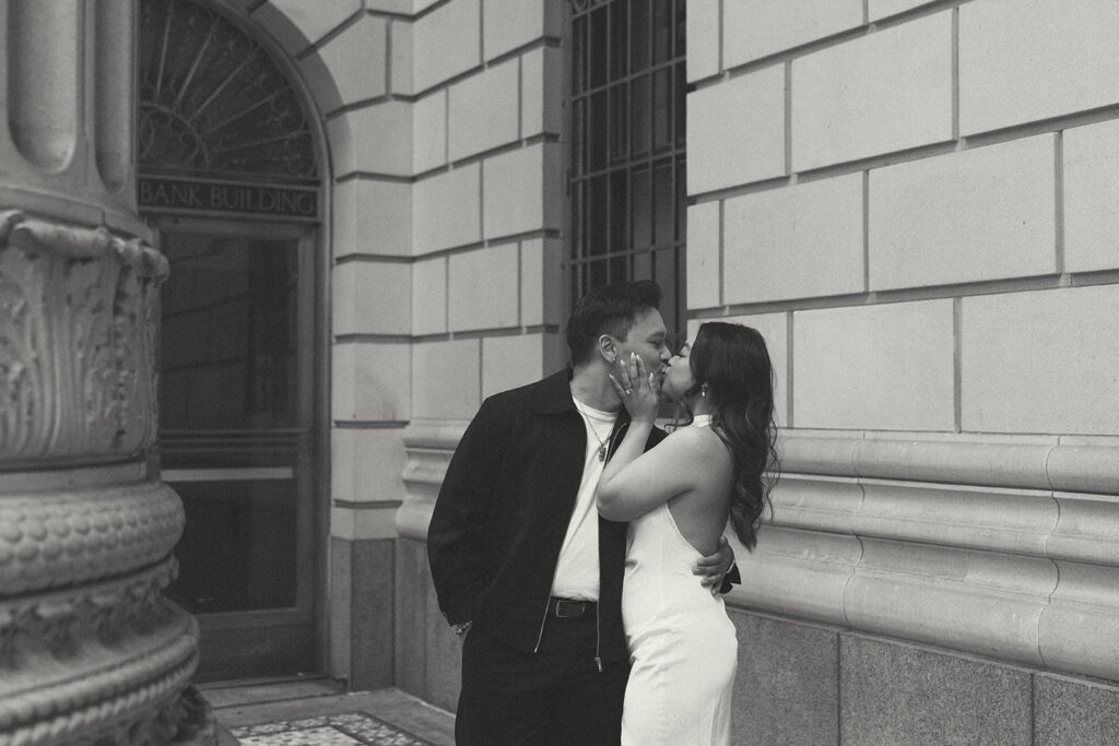 A candid moment captured during a casual engagement photo session.
