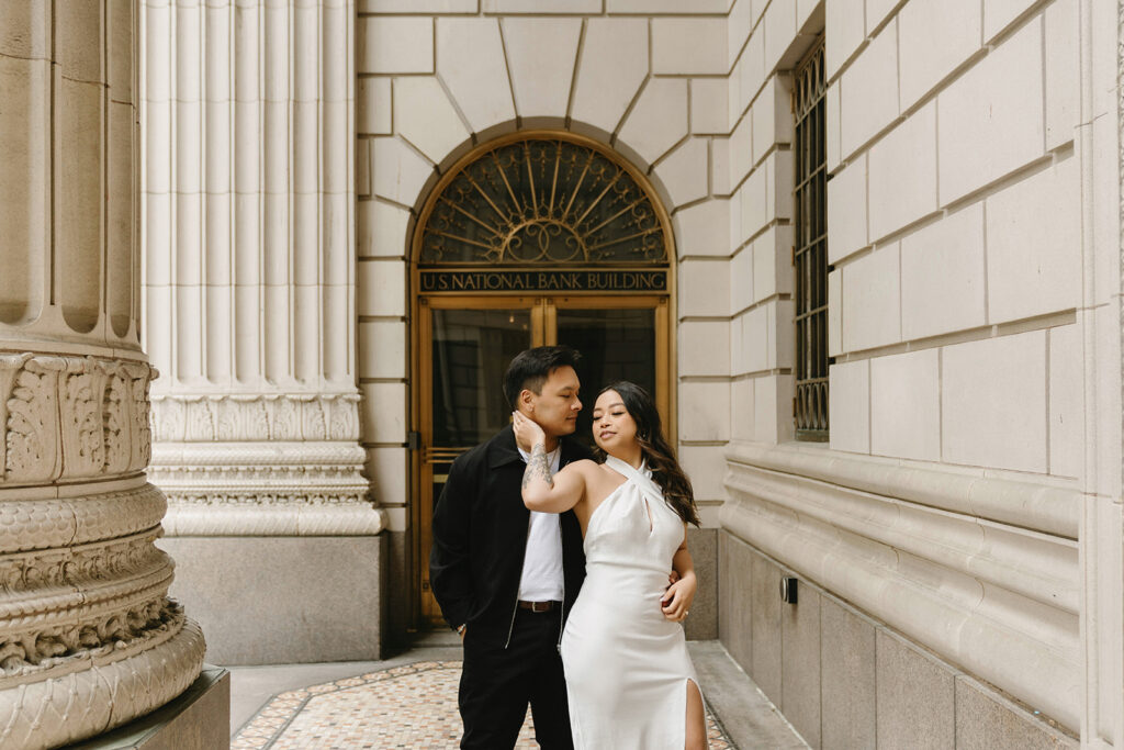 A candid moment captured during a casual engagement photo session.
