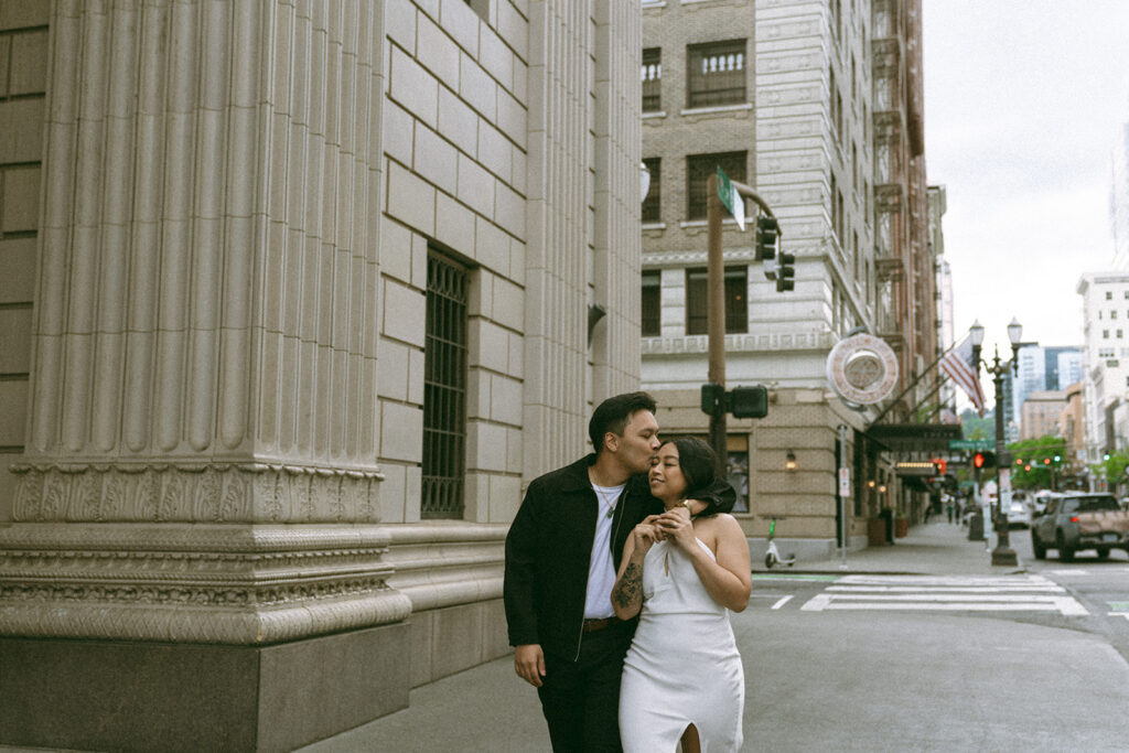 A couple enjoying a relaxed and natural photoshoot in portland.
