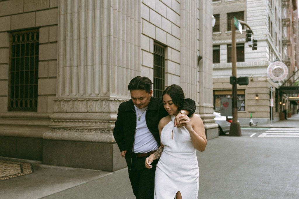 A couple enjoying a relaxed and natural photoshoot in portland.
