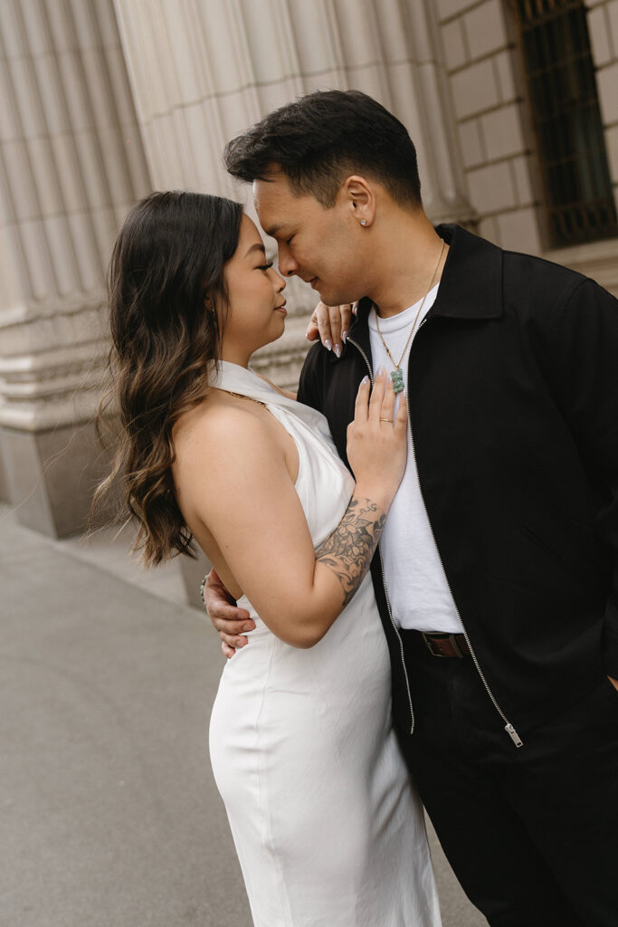 A couple enjoying a relaxed and natural photoshoot in portland.
