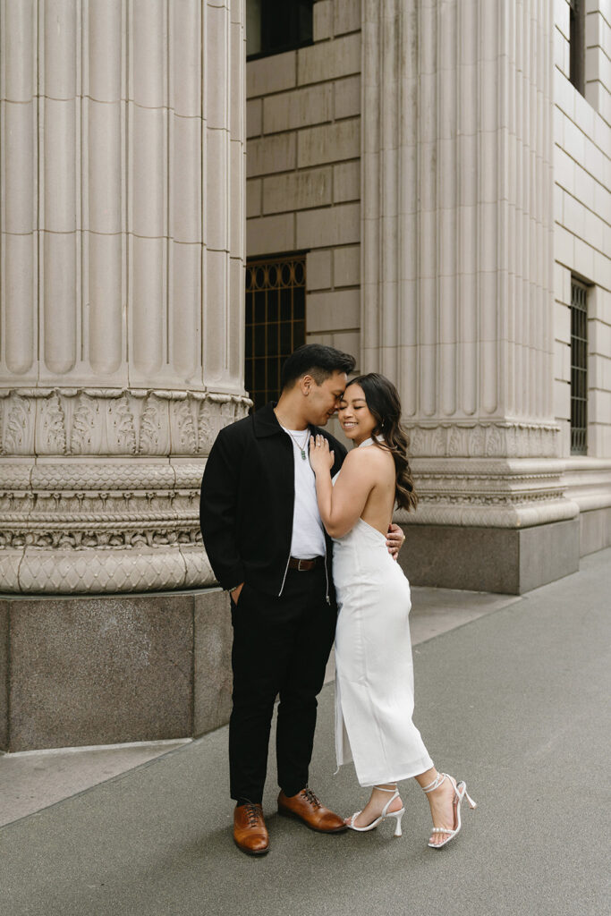 A couple enjoying a relaxed and natural photoshoot in portland.
