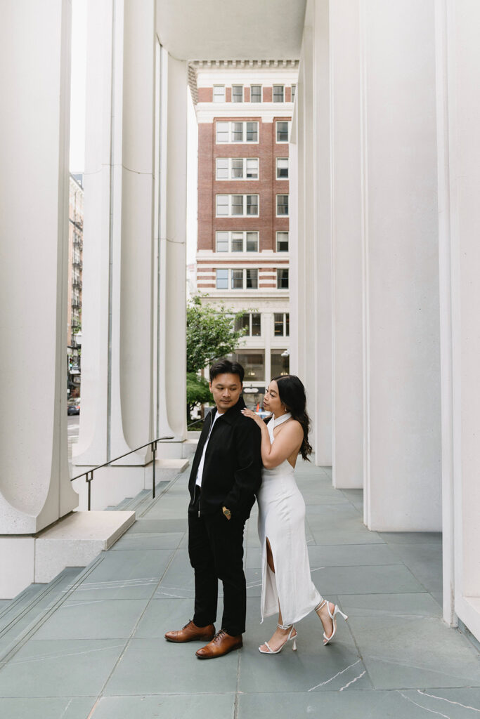 A couple enjoying a relaxed and natural photoshoot in portland.
