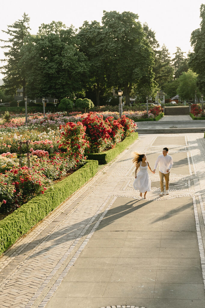 A couple walking through a blooming rose garden during their engagement session | Peninsula Rose Garden
