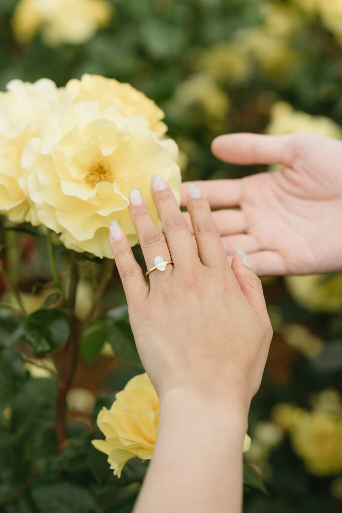 Romantic engagement photo of a couple surrounded by colorful flowers.
