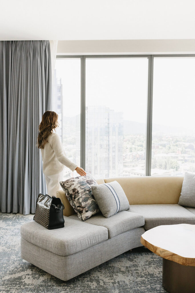 Professional branding photography session in a chic hotel setting
