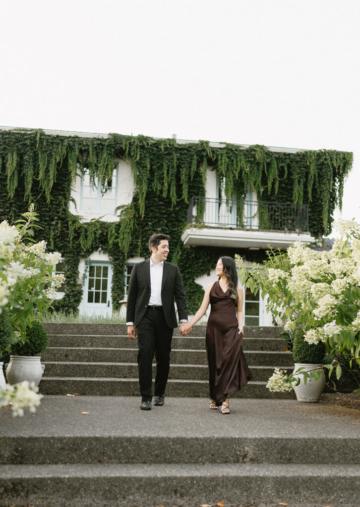 Timeless engagement portraits taken at Monet Vineyard near Portland
