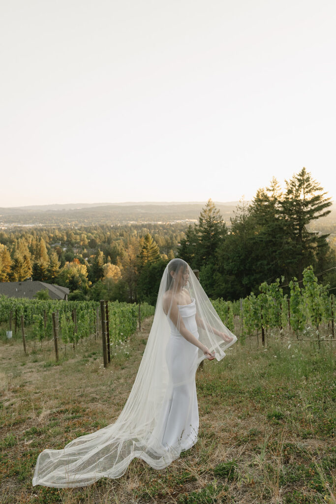 Couple walking through vineyard rows during golden hour portraits at Amaterra.
