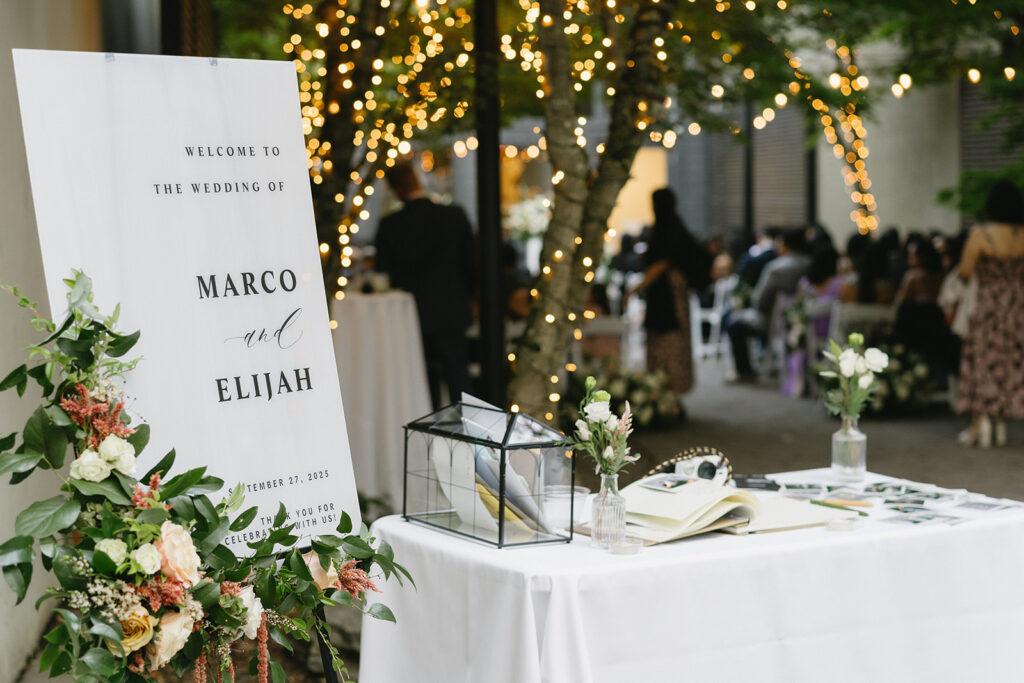 Romantic non traditional wedding reception in Portland with modern floral design
