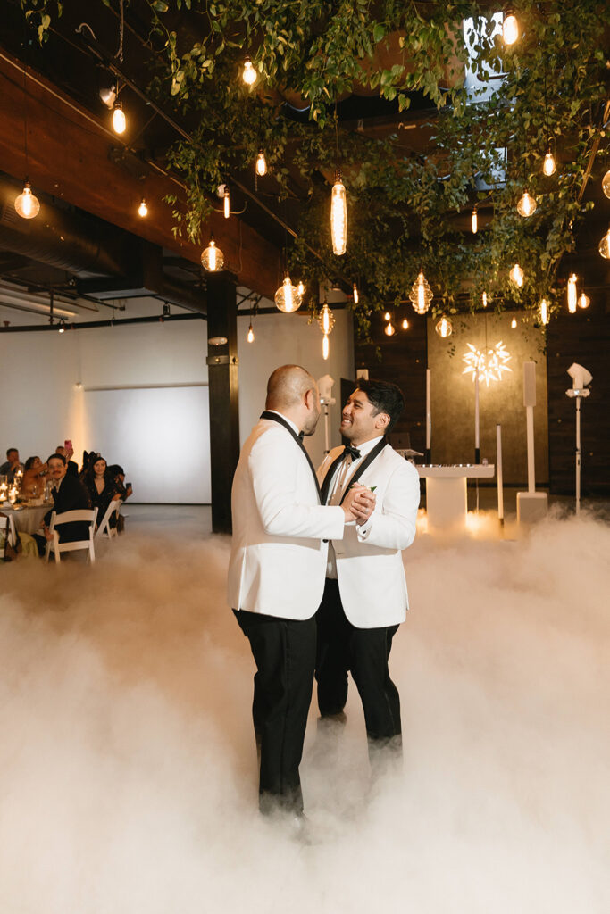 Romantic non traditional wedding reception in Portland with modern floral design
