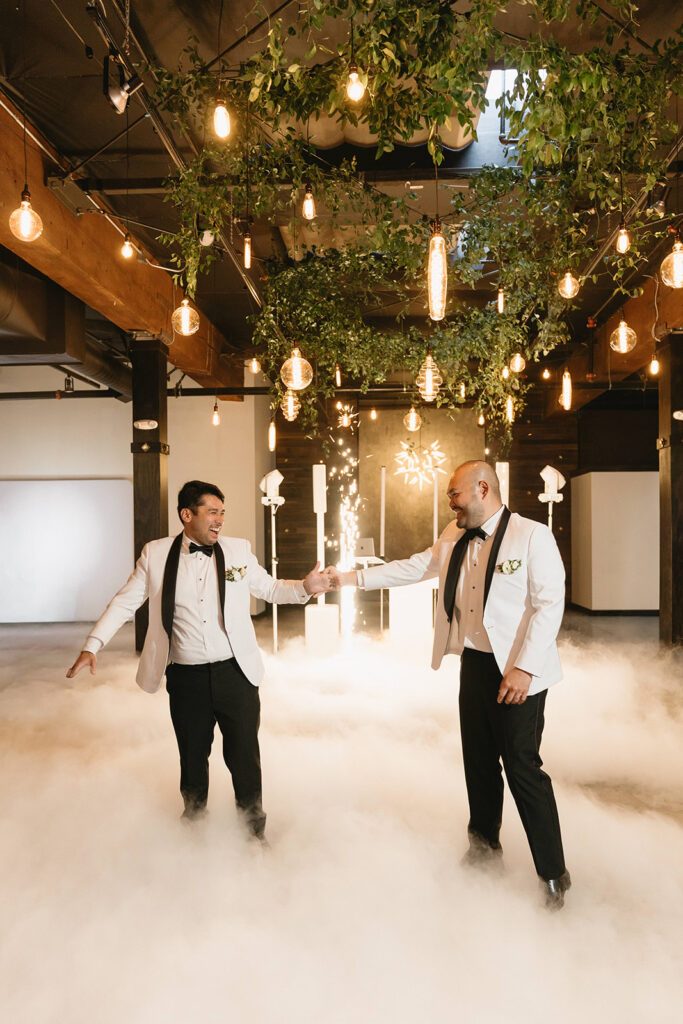 Romantic non traditional wedding reception in Portland with modern floral design
