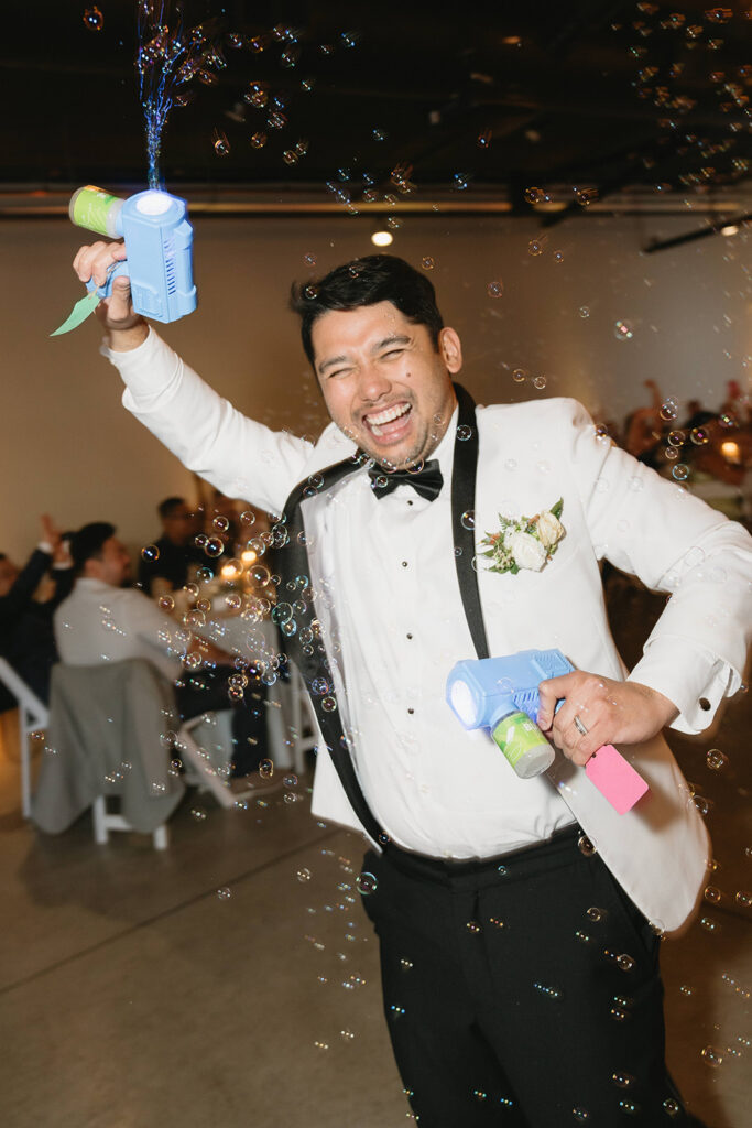 Romantic non traditional wedding reception in Portland with modern floral design
