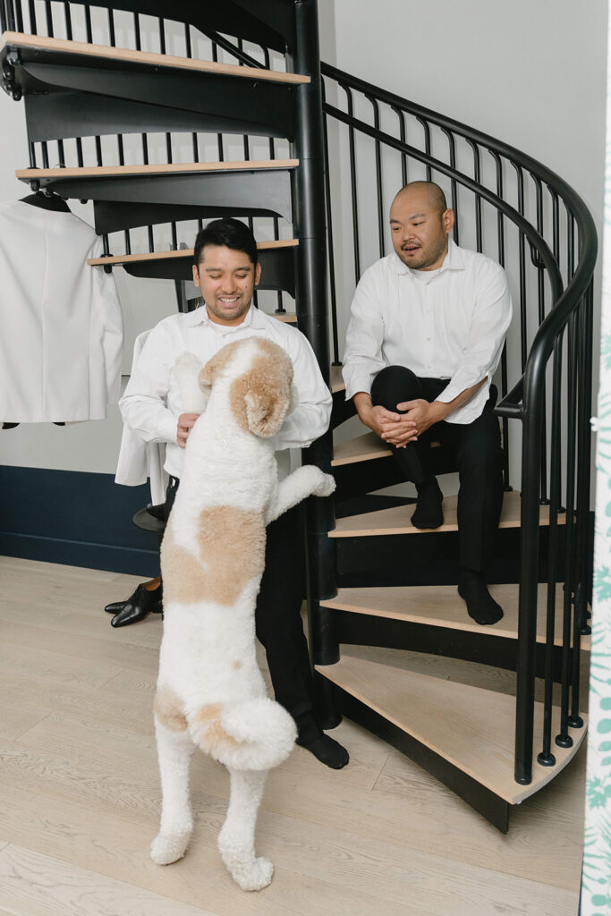 Couple getting ready together with their dog at a Portland hotel on their wedding morning
