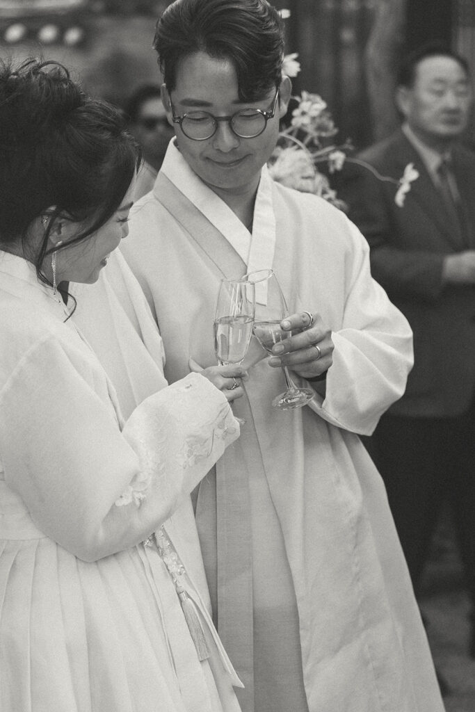 Elegant details from an intimate wedding in Seoul showcasing traditional Korean design and soft natural light.
