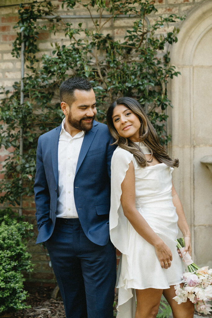 Fun and candid civil union wedding portraits in Portland, Oregon with relaxed garden wedding vibes

