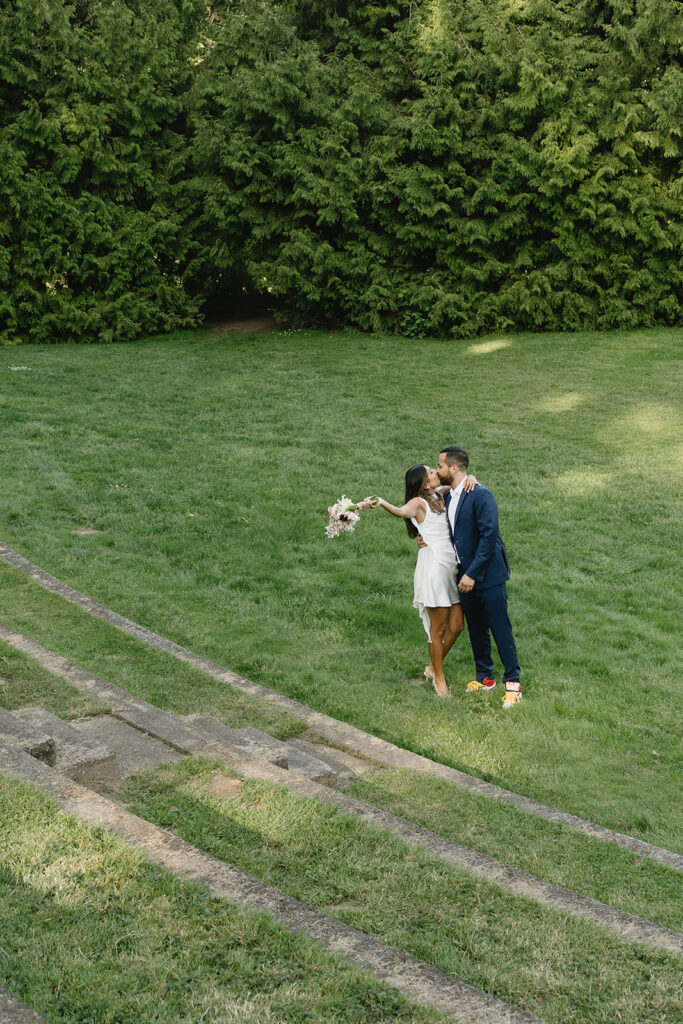 Fun and candid civil union wedding portraits in Portland, Oregon with relaxed garden wedding vibes
