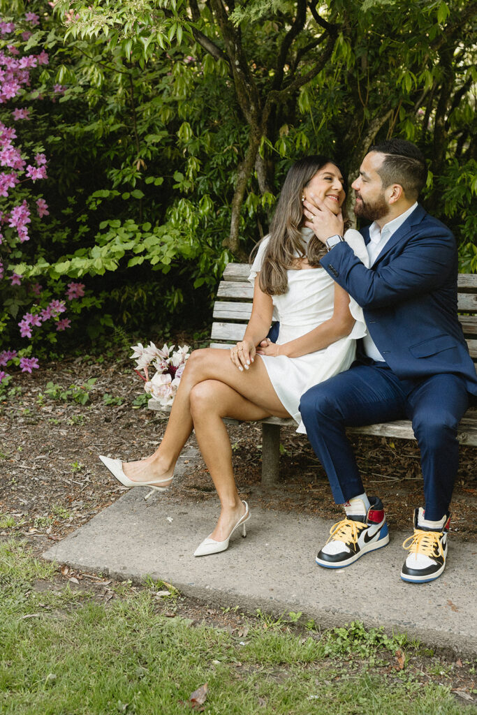 Fun and candid civil union wedding portraits in Portland, Oregon with relaxed garden wedding vibes
