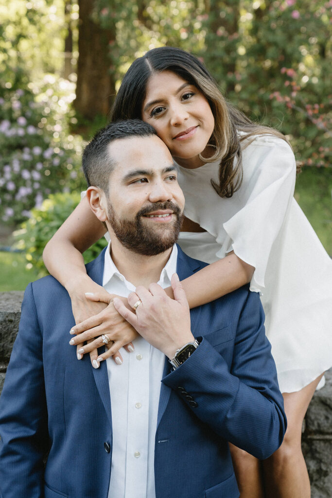 Couple celebrating their civil union wedding with romantic portraits at Washington Park in Portland, Oregon
