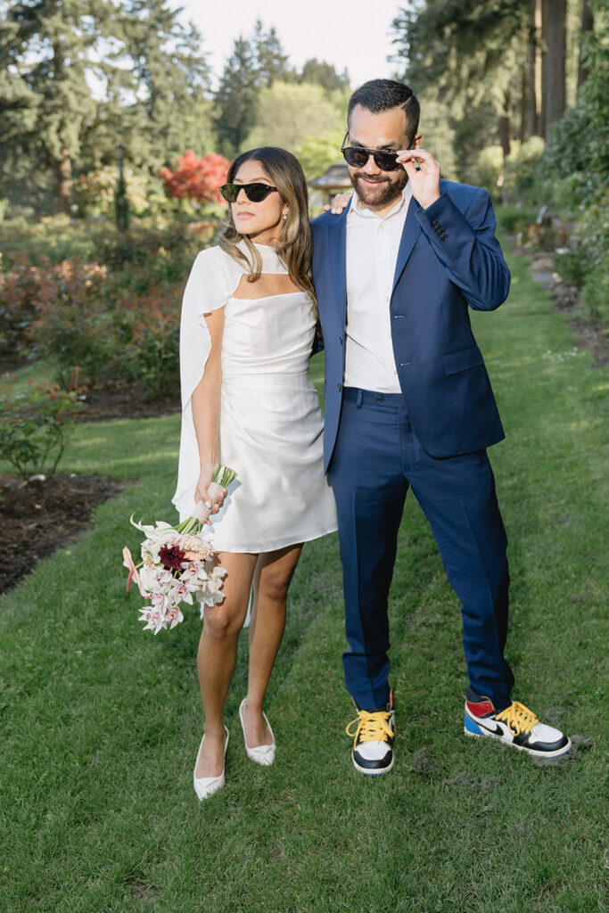 Couple celebrating their civil union wedding with romantic portraits at Washington Park in Portland, Oregon
