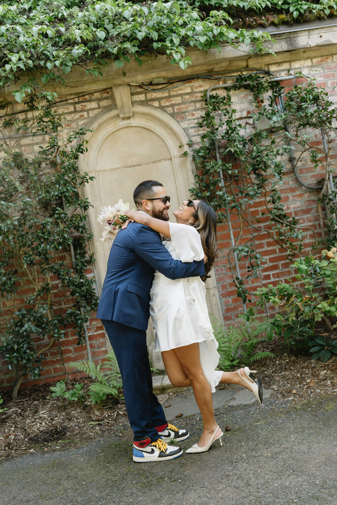 Intimate courthouse wedding portraits at the International Rose Garden before dinner with family and friends
